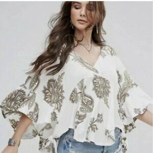Free People Maui Wowie Printed Top‎ Ivory Combo Dolman Sleeve Boho Flowy Beachy